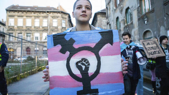 Person bei einer Demonstration trägt ein Schild in den Farben und mit dem Symbol der Transgender-Bewegung