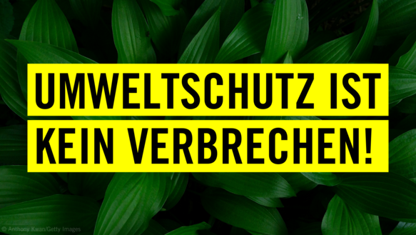 Zentral im Bild: Zwei gelbe Balken übereinander mit der Aufschrift "Umweltschutz ist kein Verbrechen". Im Hintergrund ist eine Nahaufnahme einer dunkelgrünen Pflanze.